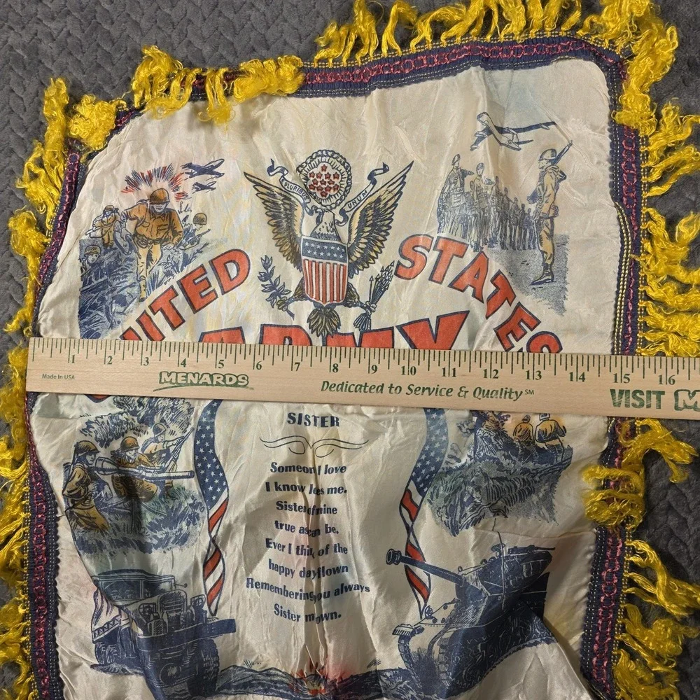 Vintage WWII United States Army Sister Souvenir Pillow Cover Fringe 15.5‎ x 18